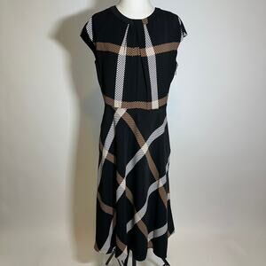 NWT Liz Claiborne Black Plaid Cap Sleeve Fit & Flare Midi Dress Womens Size 10